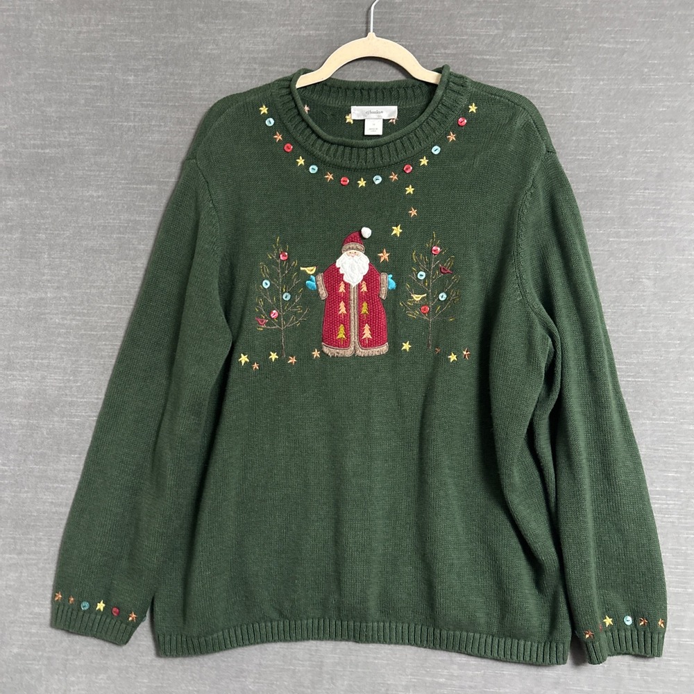 Vintage CJ Banks Sweater 1X Green Ramie Santa Holiday Star Embroidered Christmas
